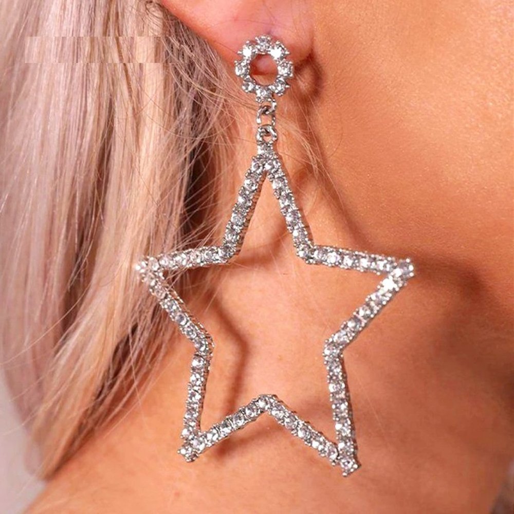Pair Dangling Big Star Earrings Vintage For Women Piercing Loop Crystal Pendant